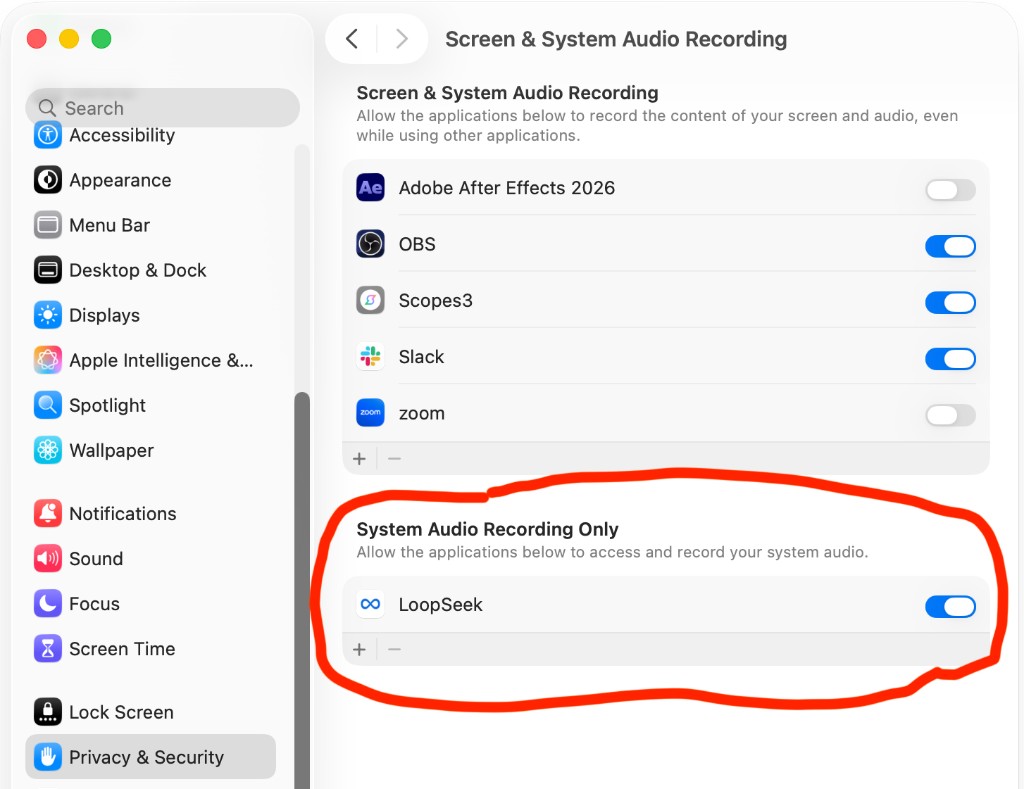 macOS System Settings — Screen & System Audio Recording — System Audio Recording Only: LoopSeek toggle