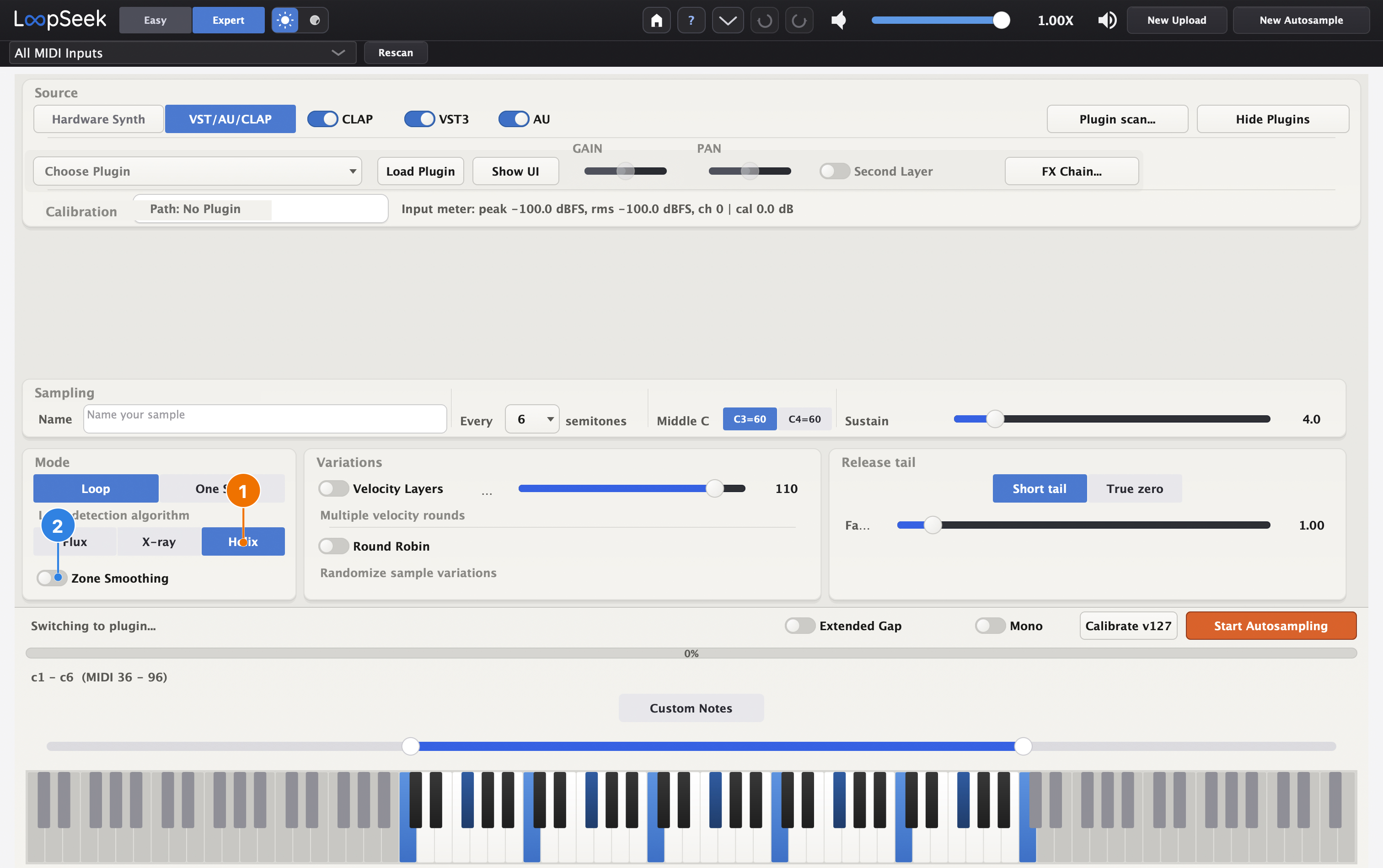Mode panel — Helix / Flux / X-ray and Zone Smoothing