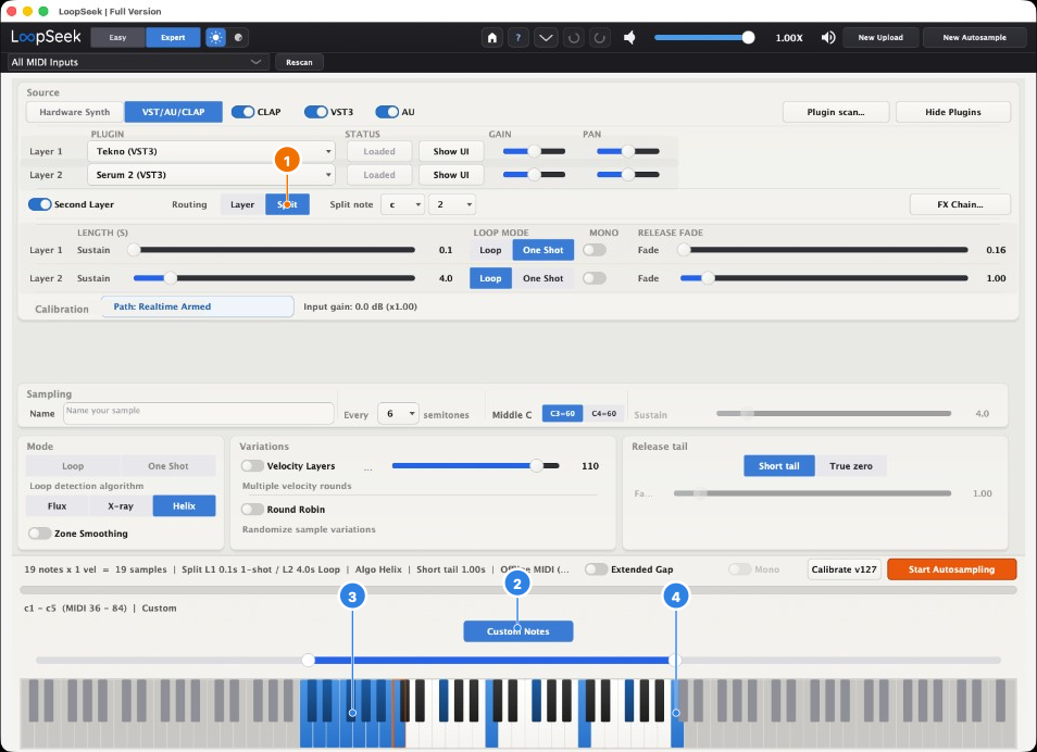 Split with Custom Notes: drums on the left, a pad on the right
